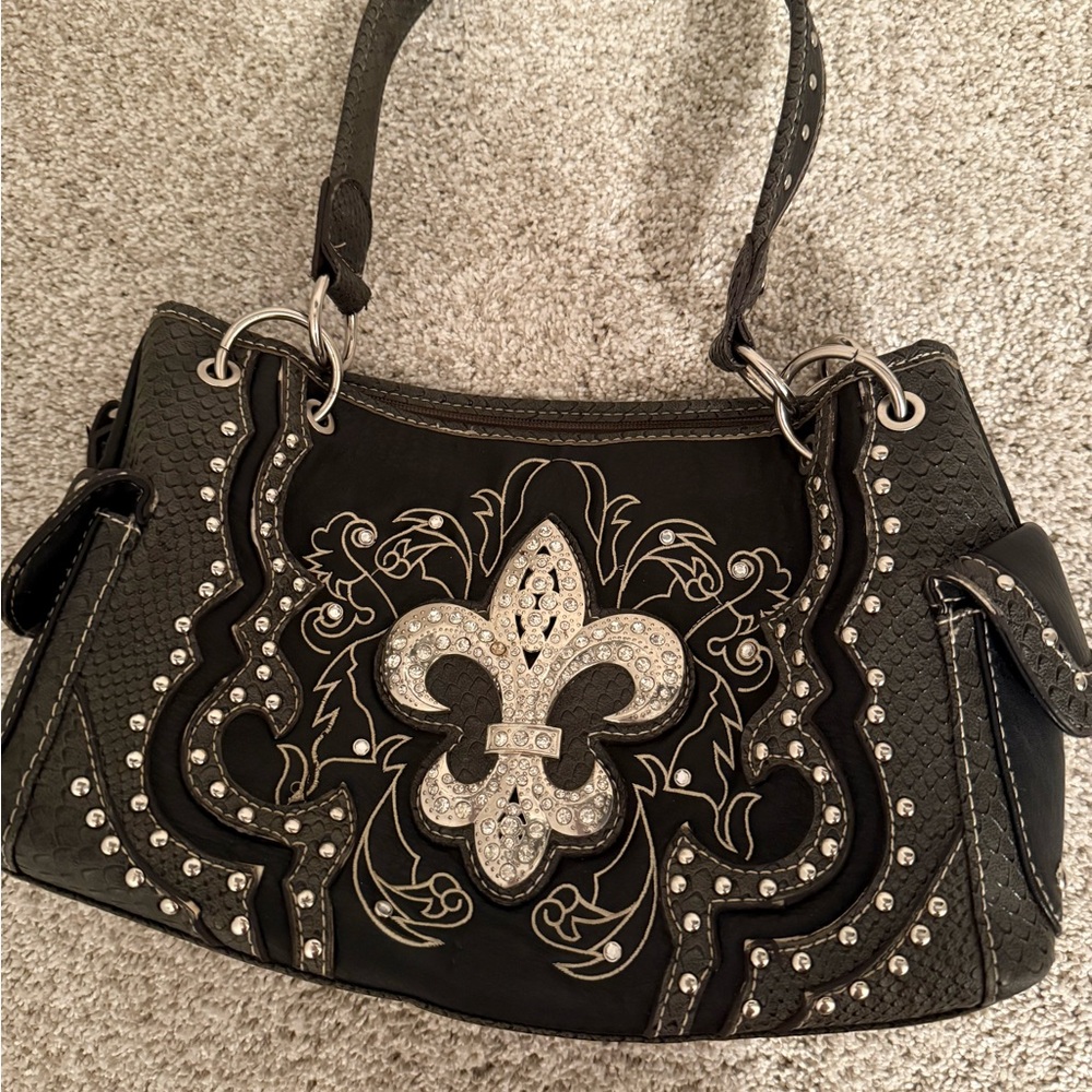 Miss Me Black Shoulder Bag with Fleur-de-lis Design
